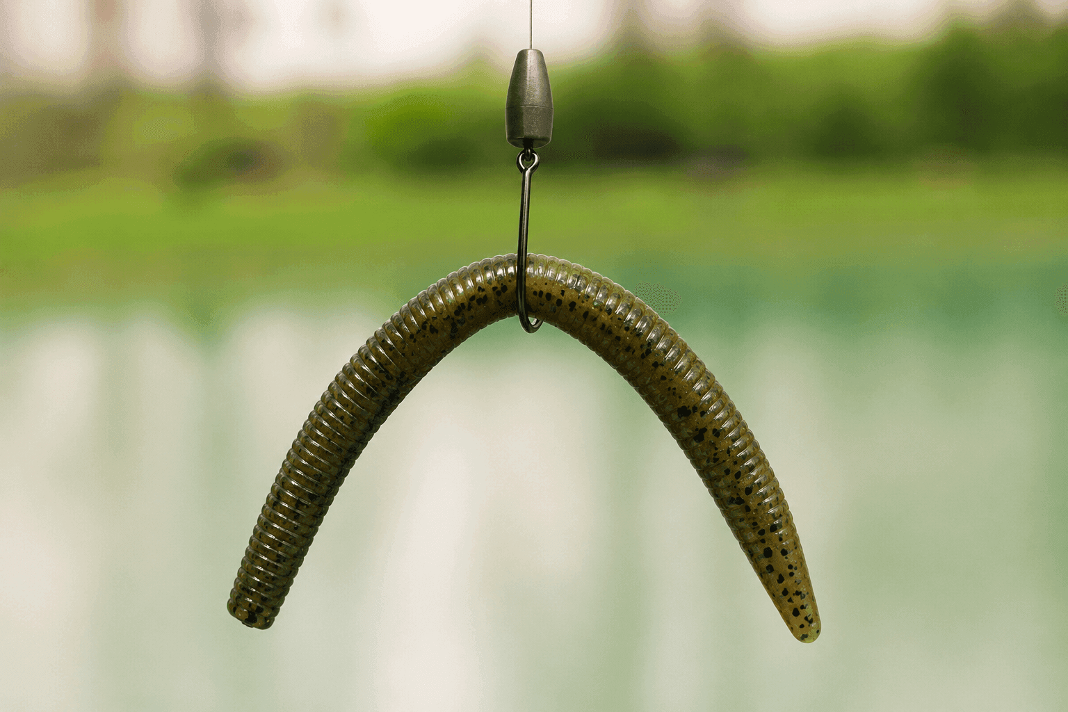 Weighted wacky rig diagram showing a green pumpkin stick worm hooked through the middle with a bullet weight resting above the hook eye