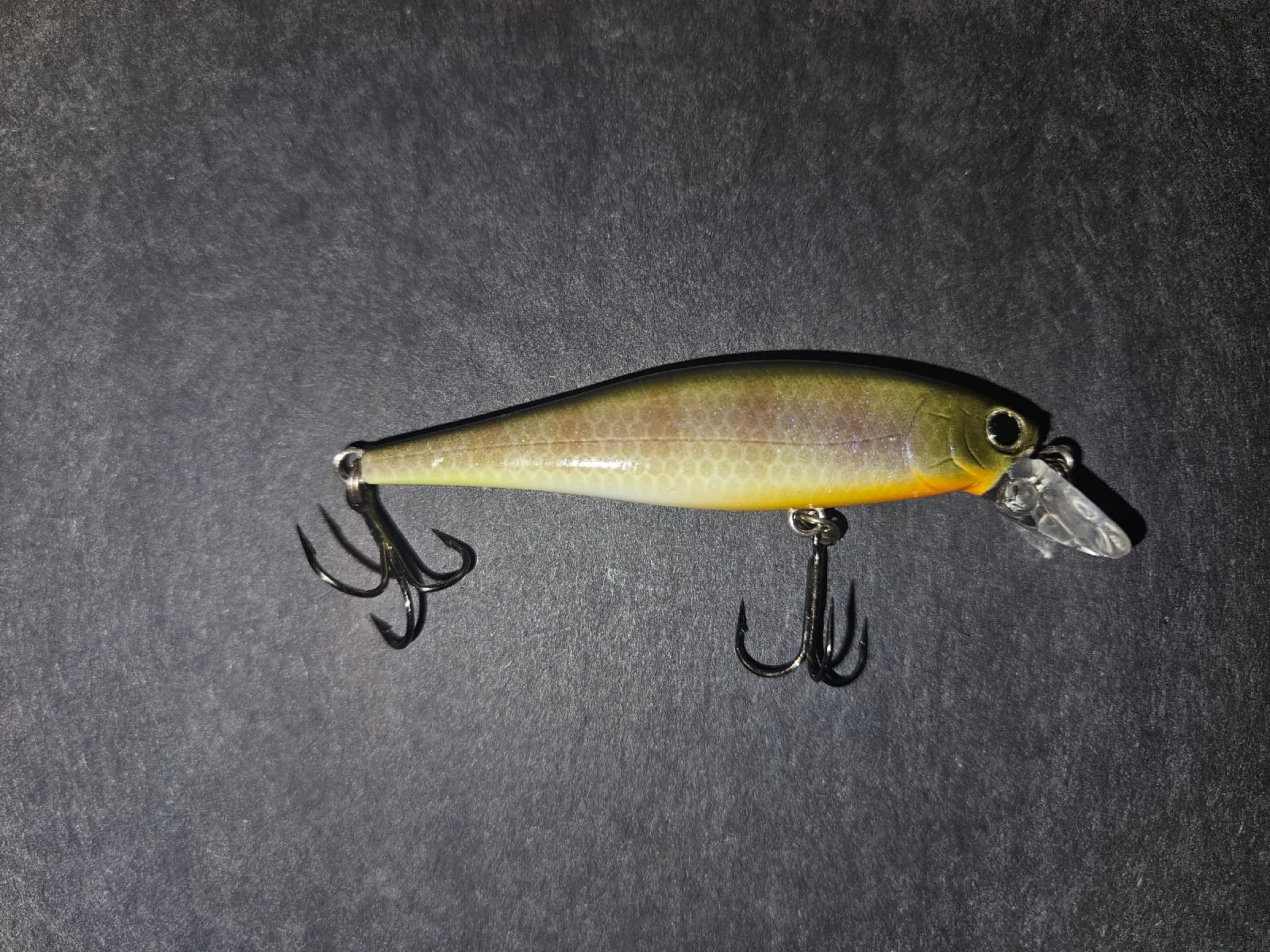 Jerkbait with factory treble hooks before swapping to inline singles